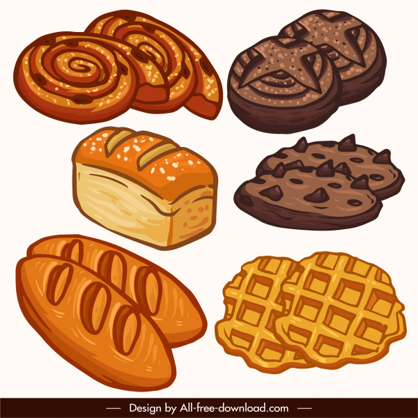iconos de comida clásico dibujado a mano pastel de pan boceto