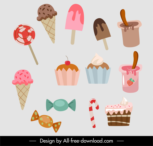 ikon makanan klasik es krim cupcake candies sketsa