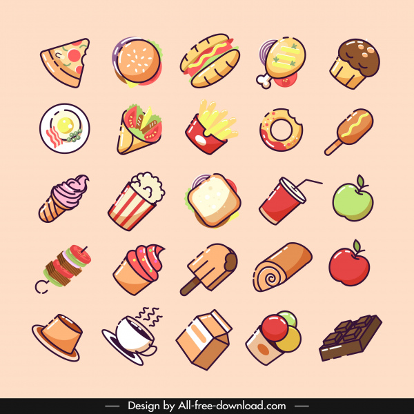 ícones alimentares coleção design clássico colorido