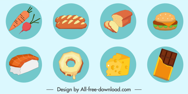 icônes alimentaires coloré classique design cercle d'isolement