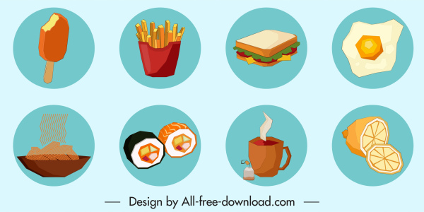 Lebensmittel-Icons farbige klassische Design-Kreis-Isolierung