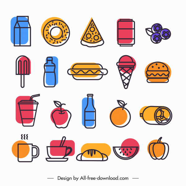 iconos de alimentos coloreado plano dibujado a mano boceto