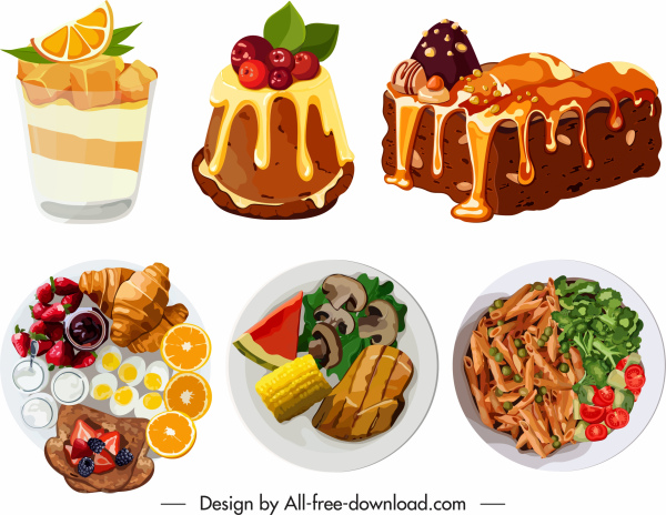 пищевой иконы красочные классические плоские 3d эскиз