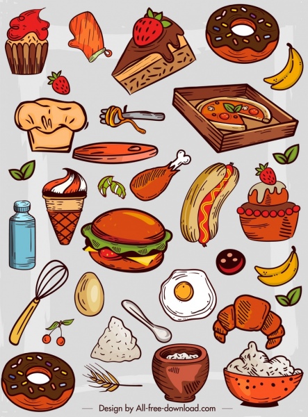 ícones de comida design retro colorido