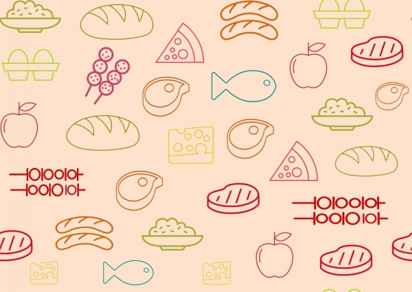 음식 아이콘 패턴 개요 다채로운 반복 디자인