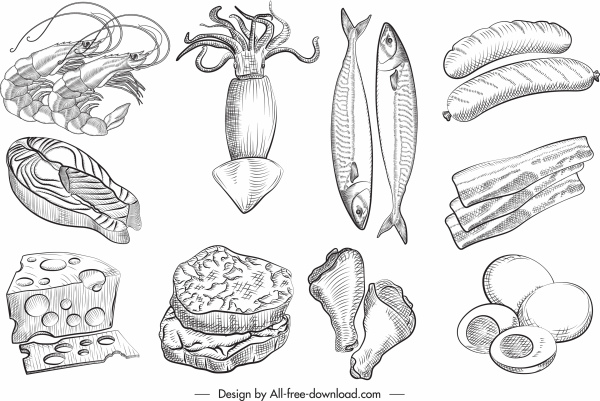 Lebensmittel Zutaten Symbole schwarz weiß handgezeichnete Skizze