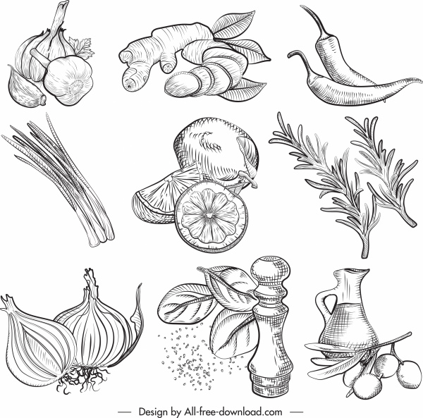ingrédients alimentaires icônes légumes croquis rétro dessiné à la main