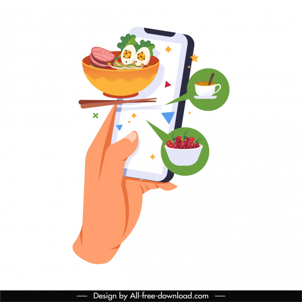 aplicativo de pedidos de alimentos ícone mão smartphone cozinhas esboço