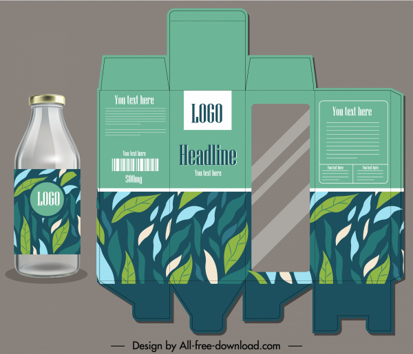 pacchetto alimentare modello di etichetta disegnata a mano foglie verdi arredamento