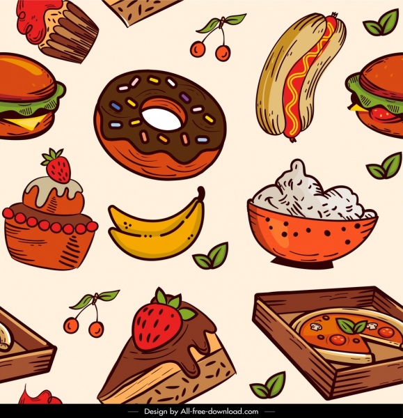 Gıda deseni renkli klasik el çizimi dekor