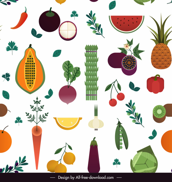 Essen Muster bunte flache Früchte Zutaten Skizze