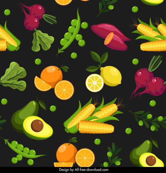 Lebensmittel-Muster-Vorlage Obst Gemüse Skizze buntes Design