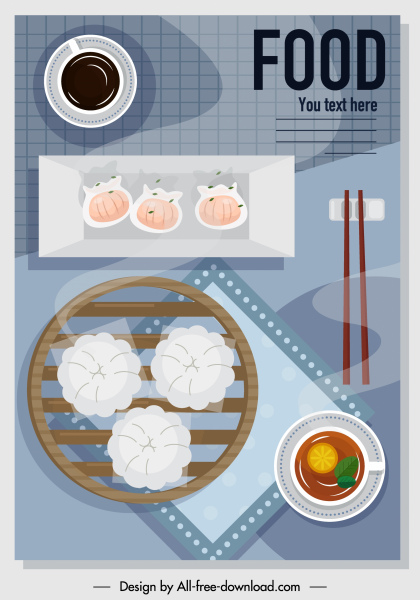 ملصق الطعام الآسيوية dimsum رسم تصميم شقة ملونة