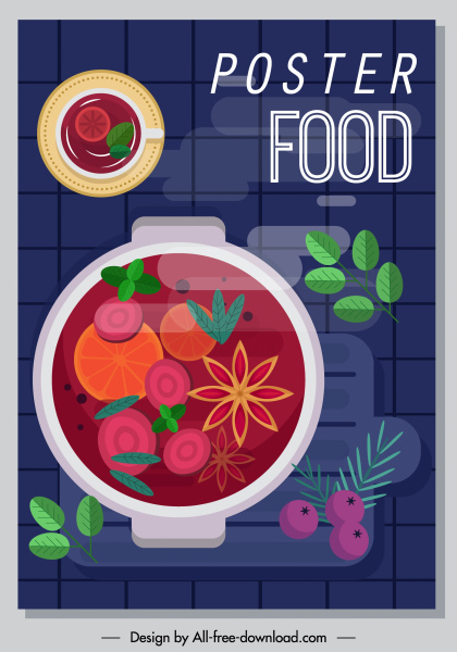 Poster makanan panci sup sketsa warna-warni datar klasik