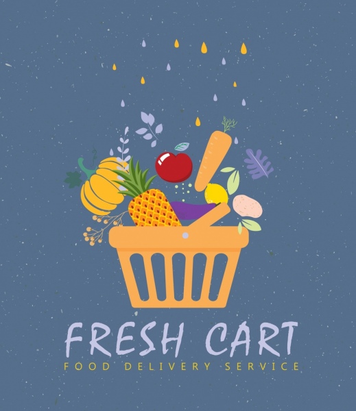 banner de servicio de alimentos iconos de carrito de verduras diseño plano