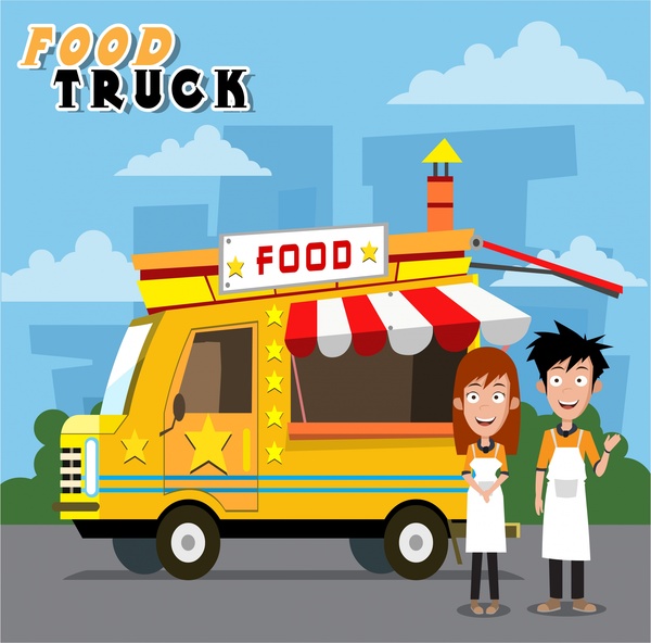 Food-LKW und Verkäufer-Design mit bunten Illustrationen