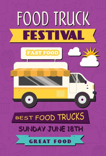Food Truck Festival icono bandera coche decoracion violeta