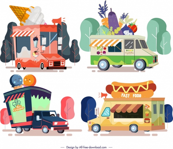 푸드 트럭 아이콘 여러 가지 빛깔의 만화 디자인