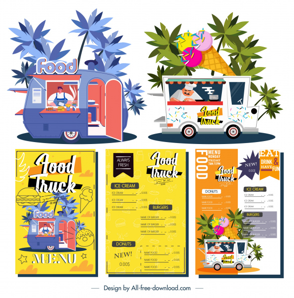 食品卡車功能表範本五顏六色的裝飾供應商素描