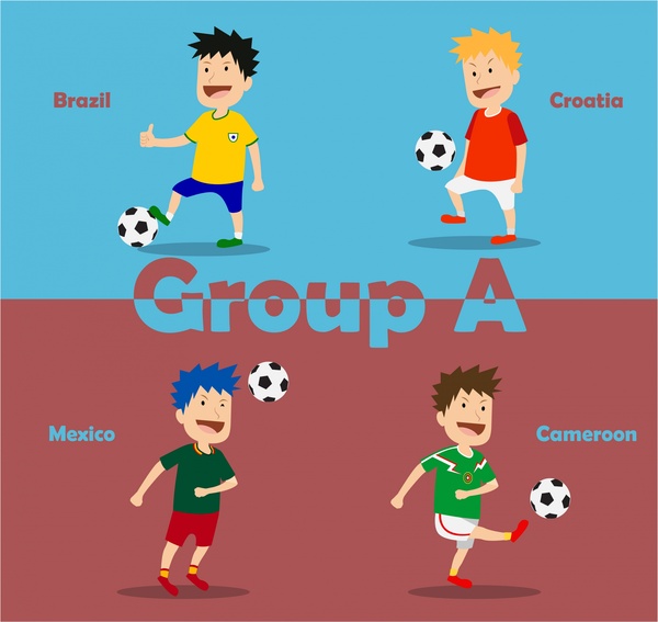 Grupo de torneos de footbal con ilustraciones de jugadores de naciones