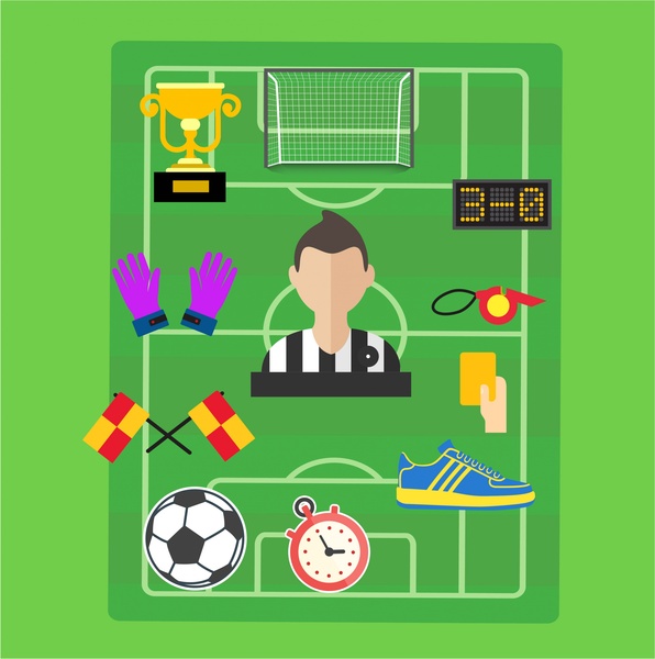 ilustração de ícones do futebol com símbolos em campo verde
