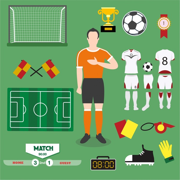 ilustração de ícones de futebol com vários símbolos coloridos