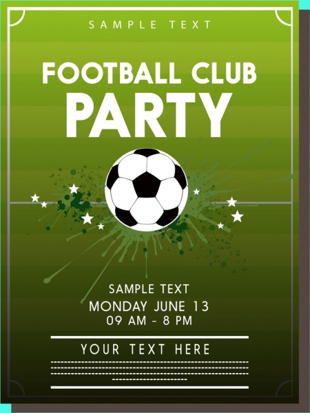 football party manifesto palla verde terra sullo sfondo delle icone