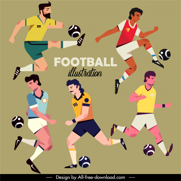 ícones de jogadores de futebol esboço dinâmico de desenho animado