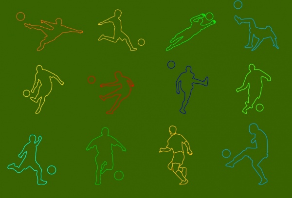 Los iconos de color de las imagenes de la silueta de varios conjuntos de futbolista de gestos