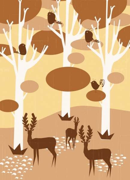 hutan latar belakang burung rusa ikon geometris dekorasi