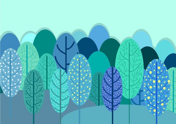 Wald-Hintergrund bunt hand gezeichnete Stil Baum Symbole