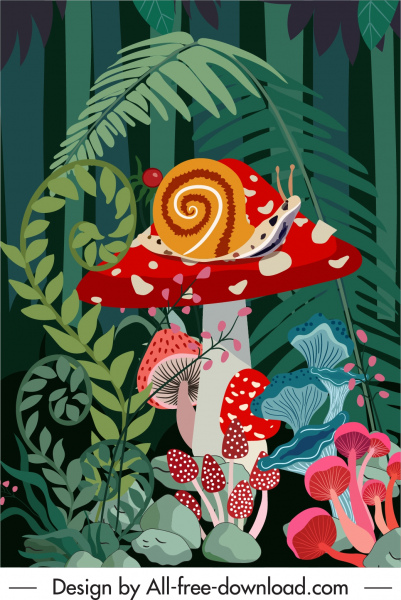 森林背景蘑菇蝸牛樹素描五彩經典