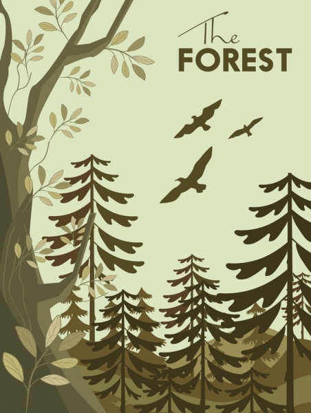Fondo de bosque los árboles diseño clásico de la decoración de los iconos de pájaros