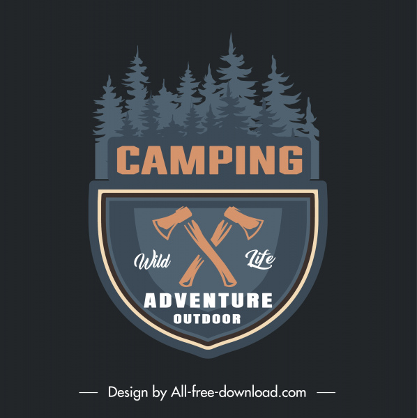 Wald Camping Logotyp dunkle retro flache Skizze