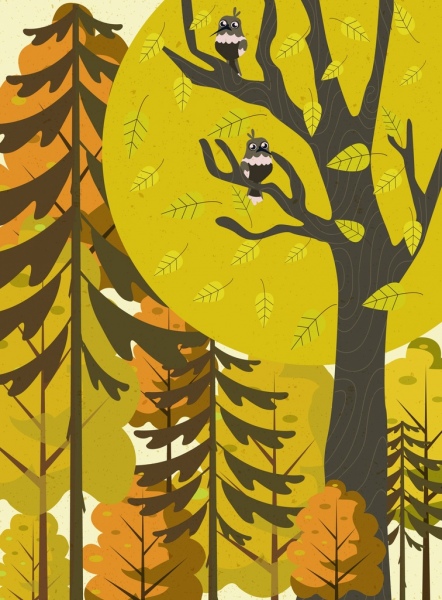 лес, дерево рисунок птицы иконы цветные классический дизайн