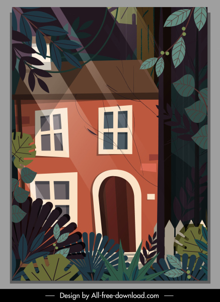 rumah hutan lukisan sketsa klasik warna-warni gelap