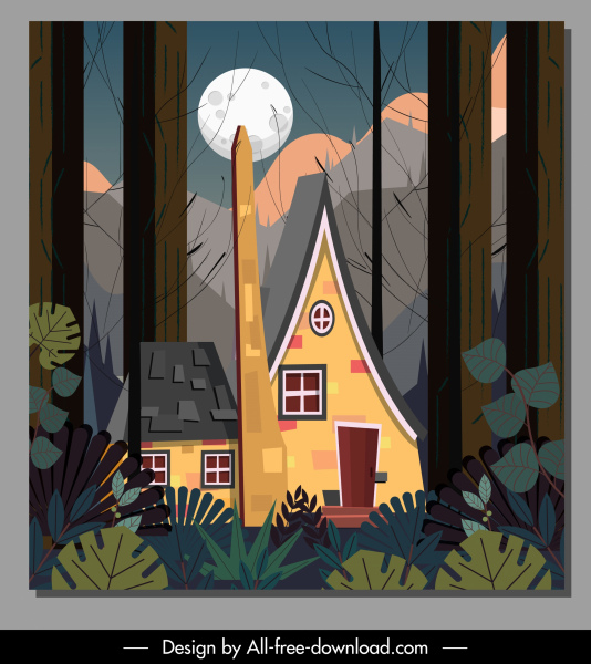 casa del bosque pintura decoración a la luz de la luna colorido clásico