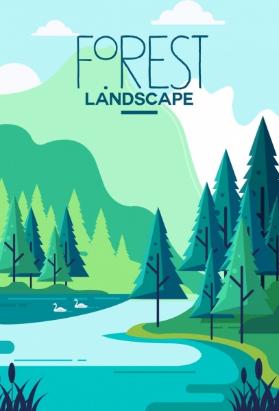 icônes de lac forêt paysage fond forêt vert décor