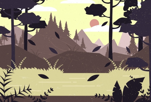 desenho colorido design clássico da paisagem florestal