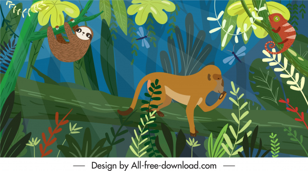 森林画五颜六色的植物动物素描