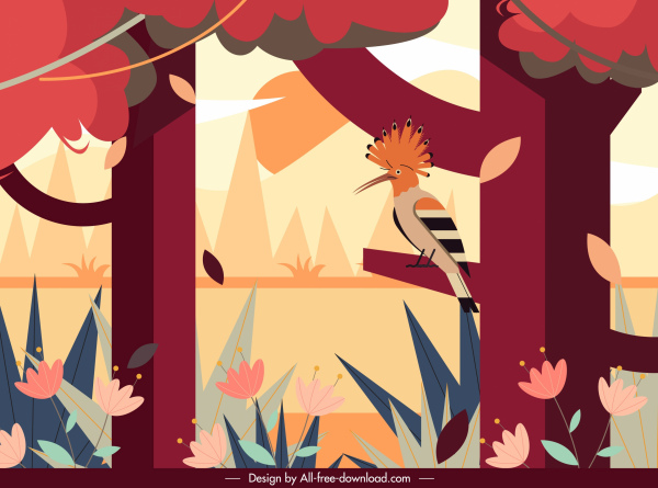 森林画树木木鸟素描五颜六色的经典