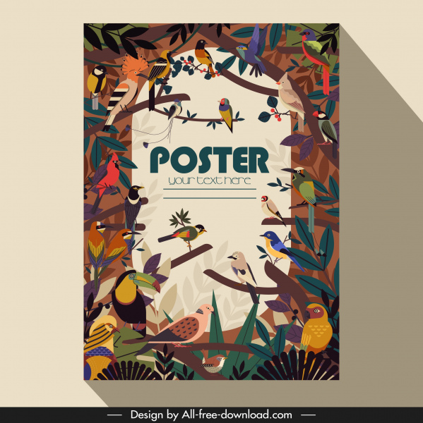 hutan burung spesies dekorasi warna-warni klasik desain poster