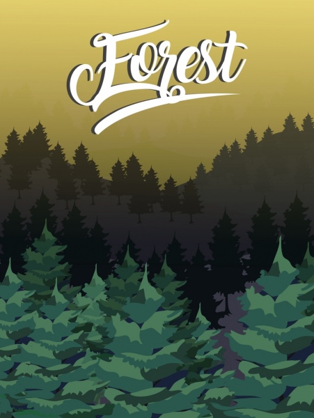 Лесной пейзаж рисунок темный цветной дизайн деревья значки