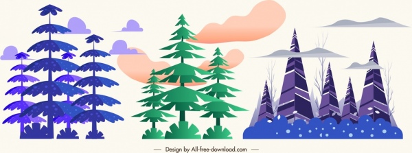 Ícones de árvores da floresta design verde violeta