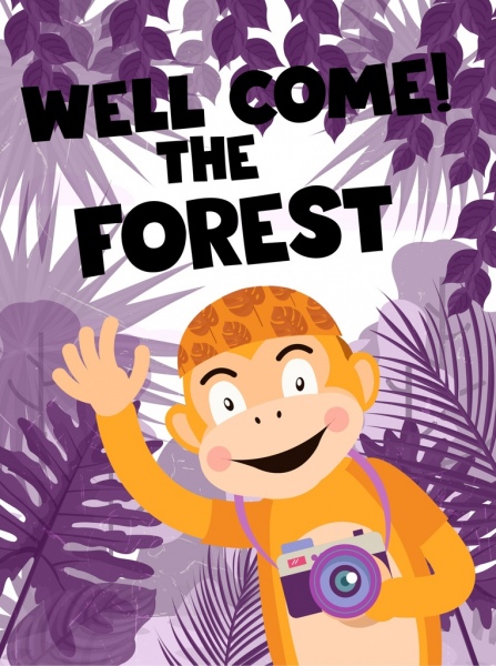 hutan perjalanan iklan monyet fotografer ikon kartun berwarna