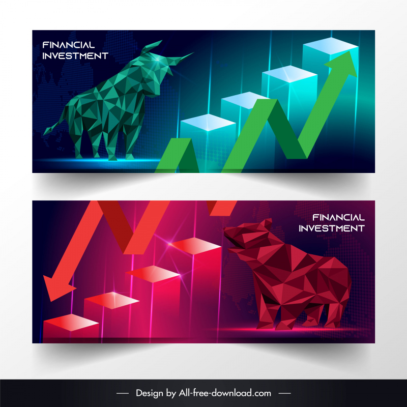 Forex Stock Trading Banner 3D Low Polyogonal Bull Bear Charts Decor