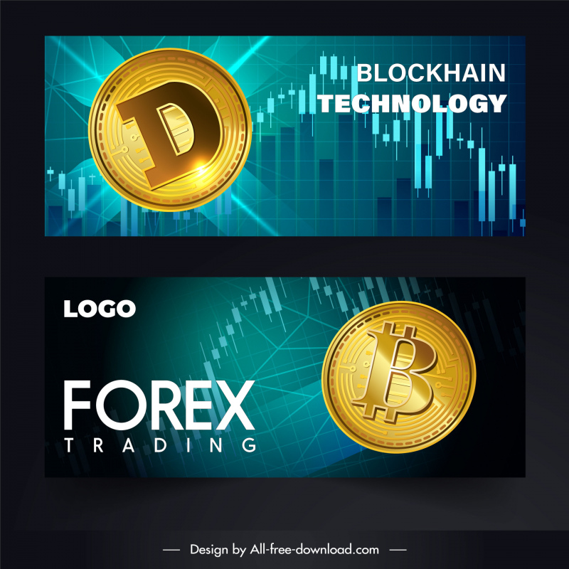 Forex Trading Cadena de bloques Banners tecnológicos Monedas de oro Decoración del gráfico