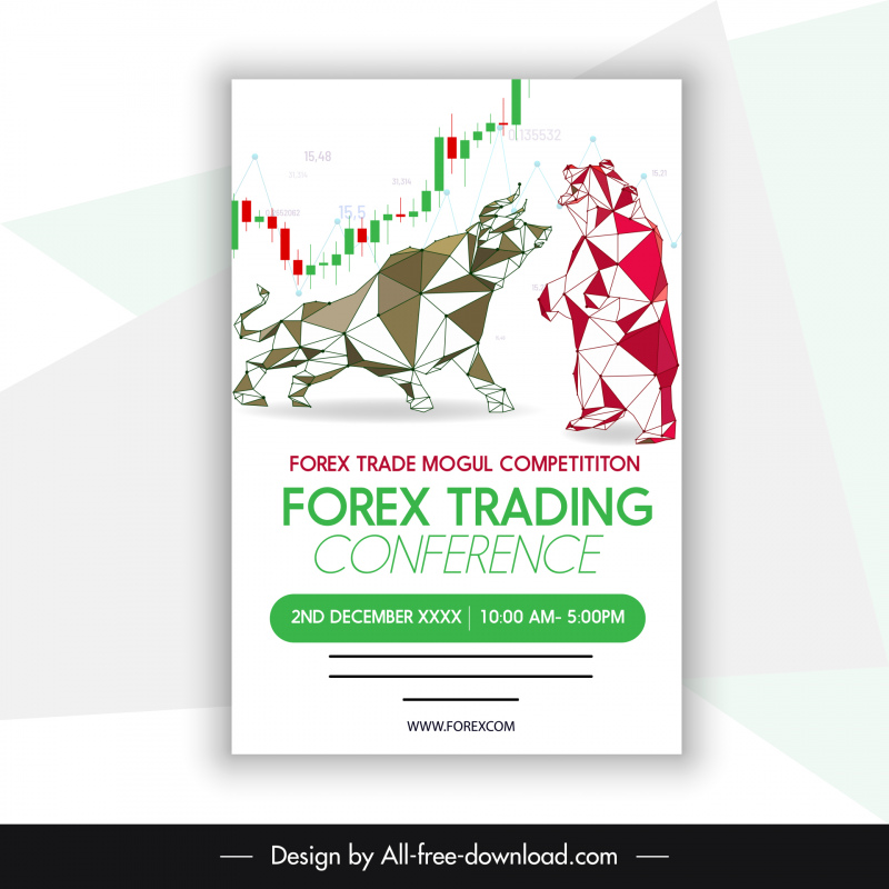 Poster Konferensi Trading Forex Melawan Sketsa Bull Bear Dekorasi Poli Rendah