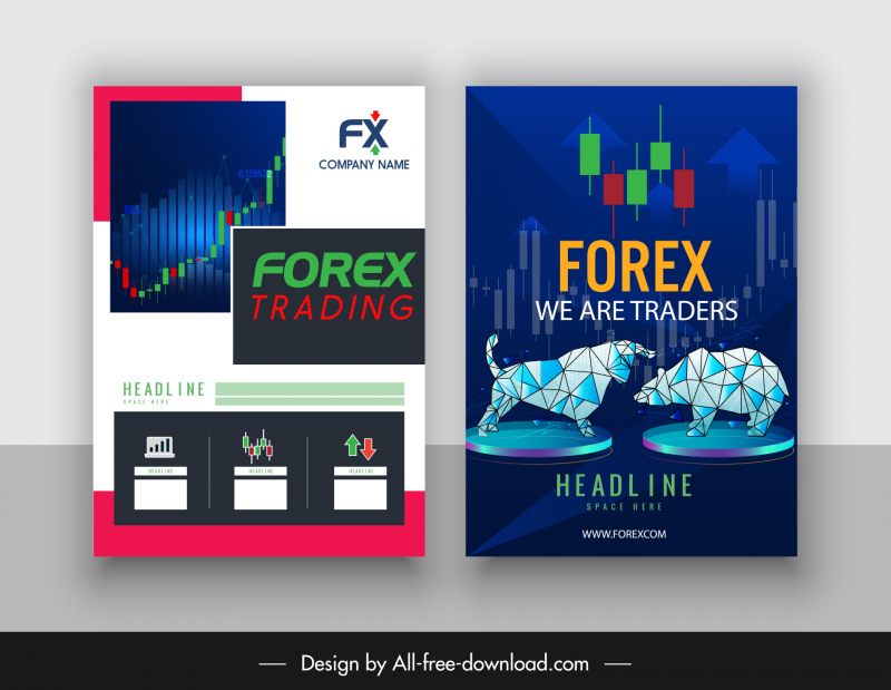 Modèles de flyer de trading forex Lowpoly Bear Bull graphique croquis