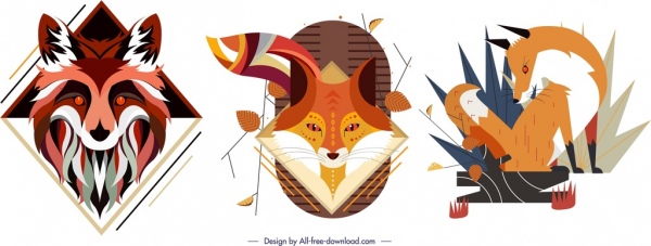 狐狸动物图标设置丰富多彩的古典设计